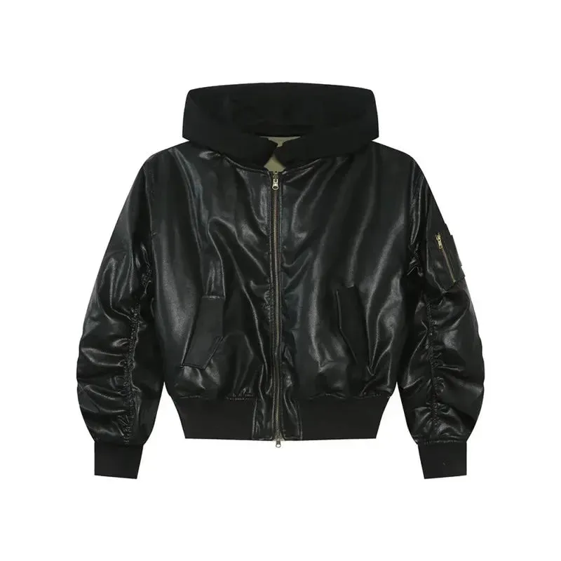 Cropped Reversible Hooded Leather Bomber Jacket