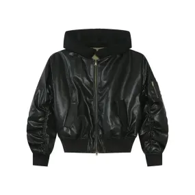 Cropped Reversible Hooded Leather Bomber Jacket