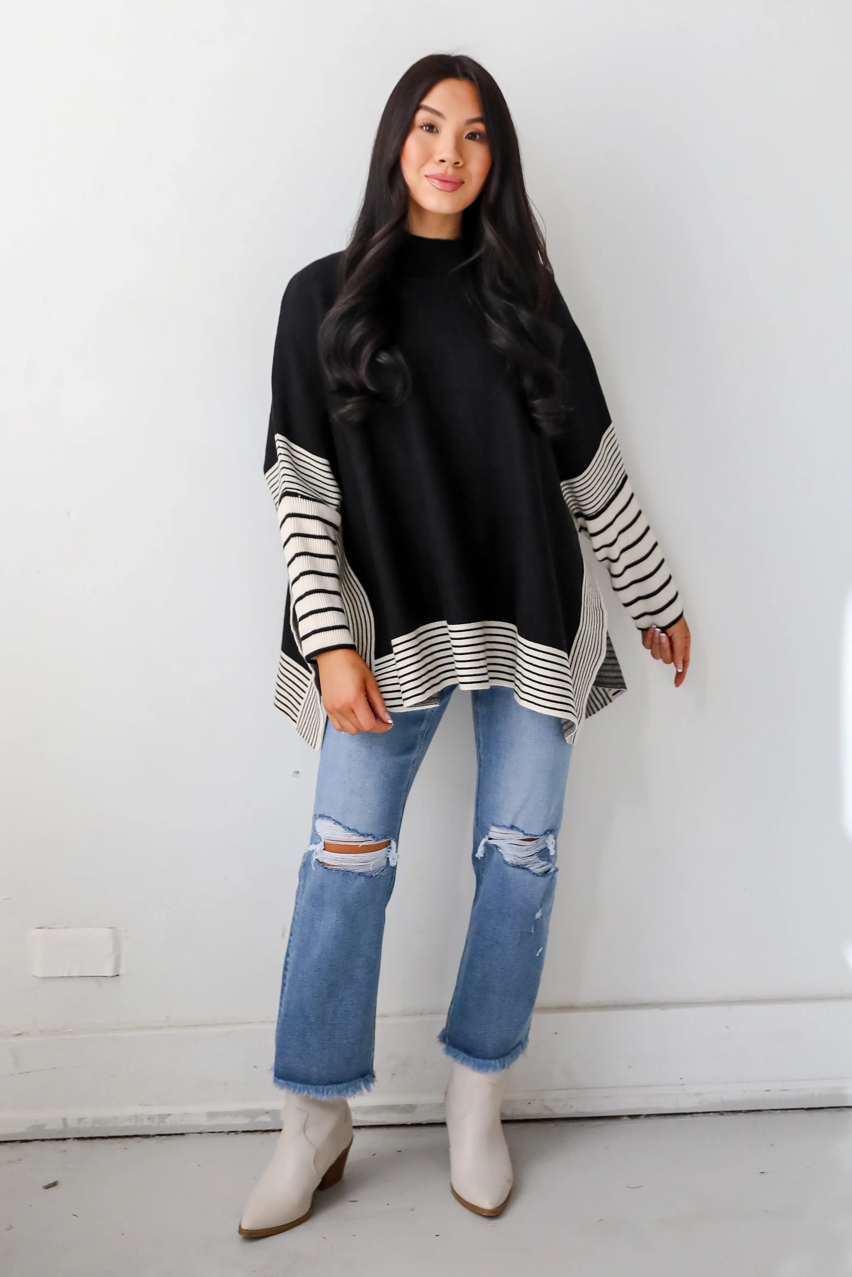 Cultivated Essential Black Striped Sweater Poncho