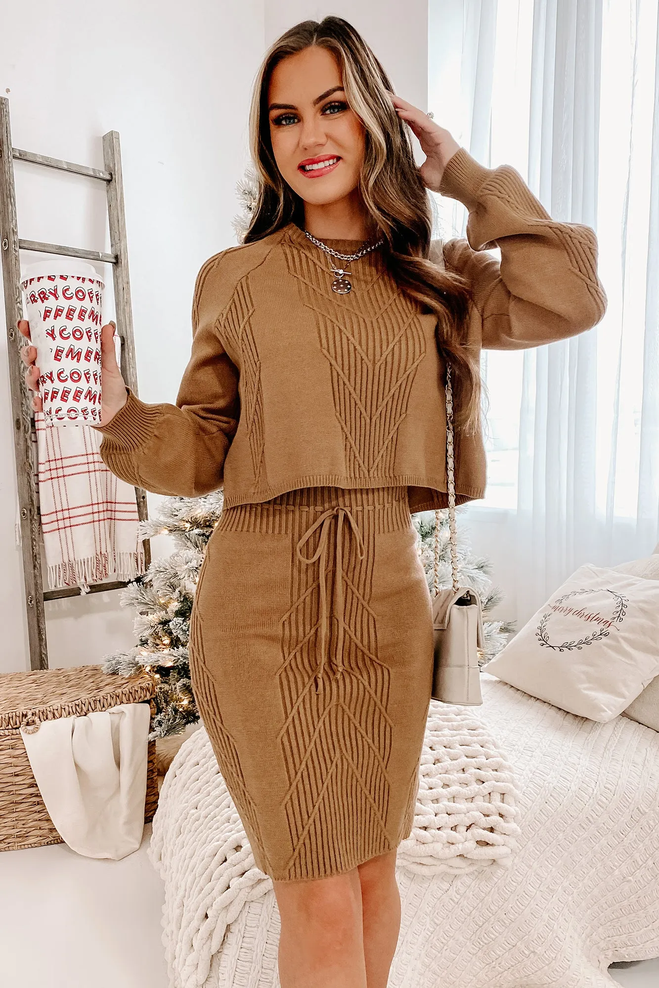 Dash Of Sophistication Chevron Knit Two Piece Set (Warm Taupe)