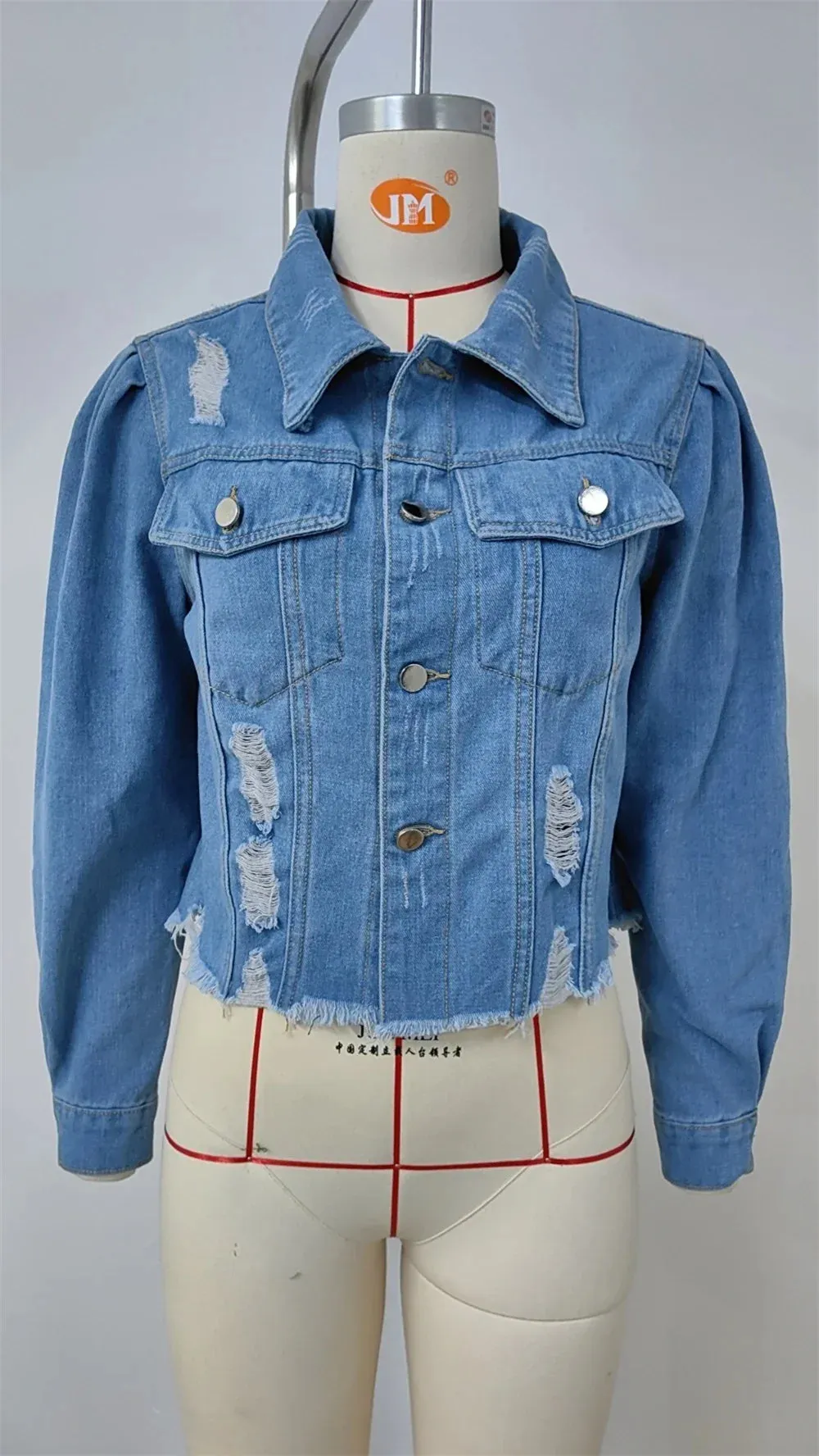 Distressed Cropped Denim Jacket in Light Wash for Women