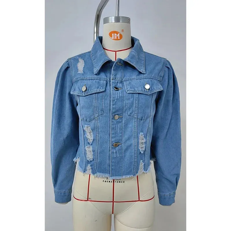 Distressed Cropped Denim Jacket in Light Wash for Women