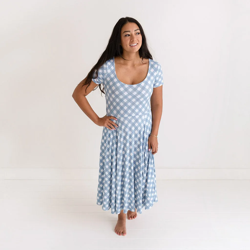 Dusty Blue Gingham Women's Scoop Midi Dress