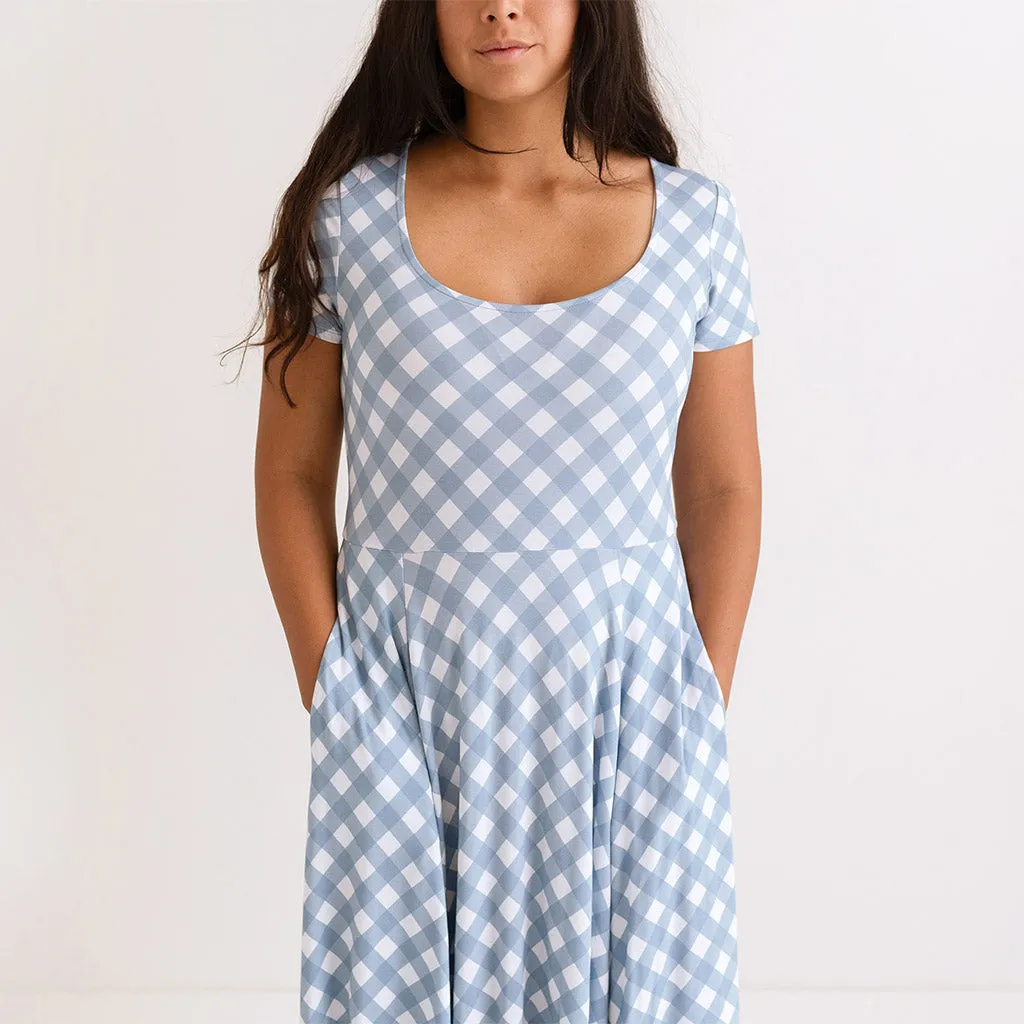 Dusty Blue Gingham Women's Scoop Midi Dress