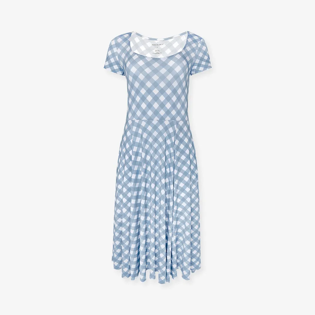 Dusty Blue Gingham Women's Scoop Midi Dress