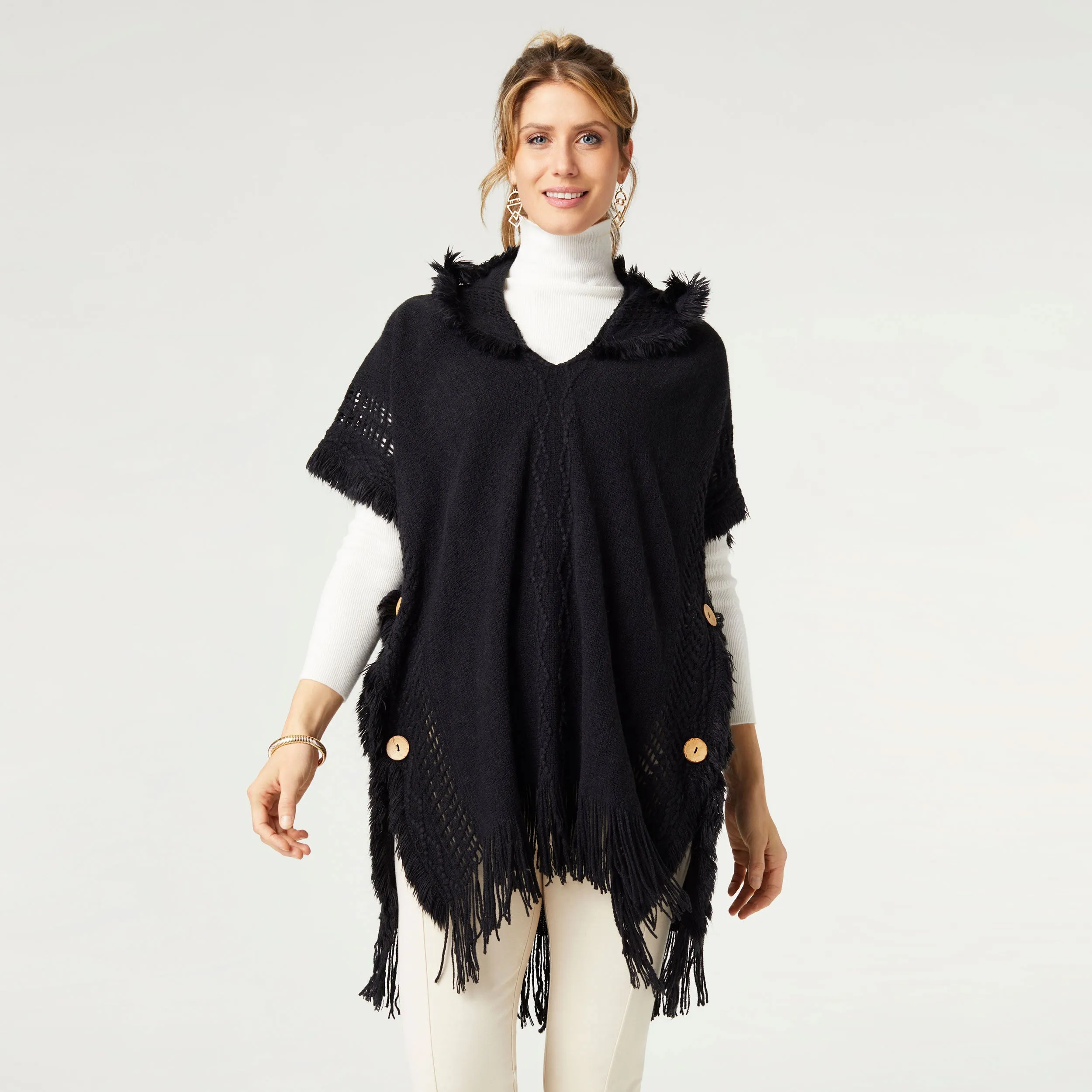 Eloise Hooded Poncho with Frayed Fringe - Black