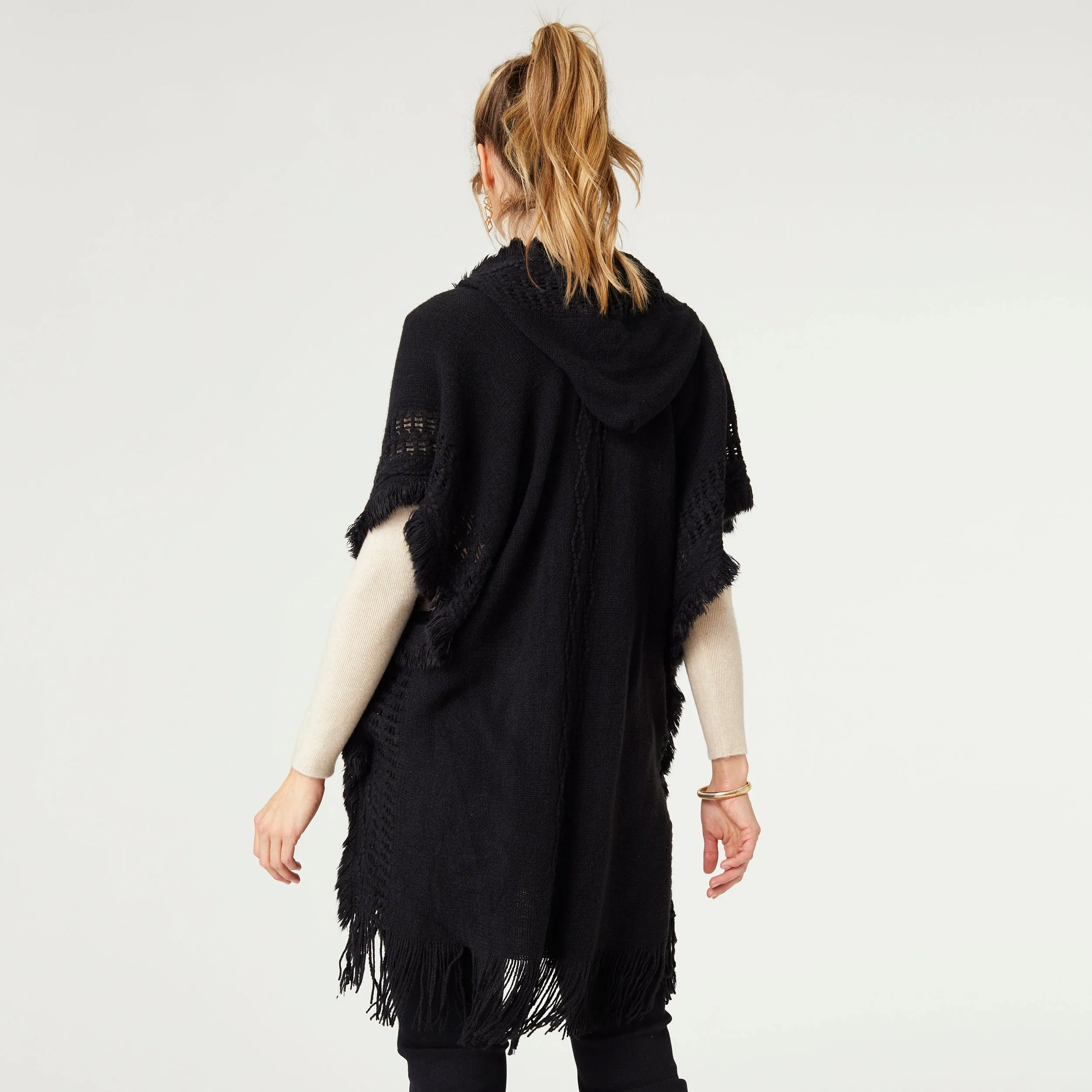 Eloise Hooded Poncho with Frayed Fringe - Black