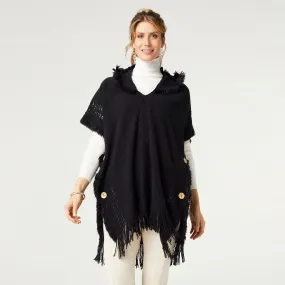 Eloise Hooded Poncho with Frayed Fringe - Black