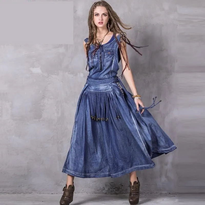 Embroidery Sleeve Boho Overall Denim Dress