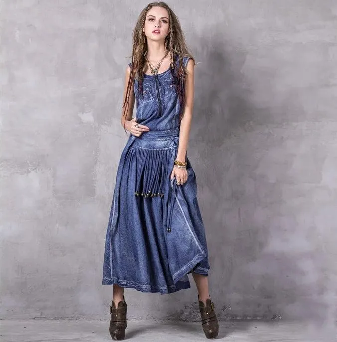 Embroidery Sleeve Boho Overall Denim Dress