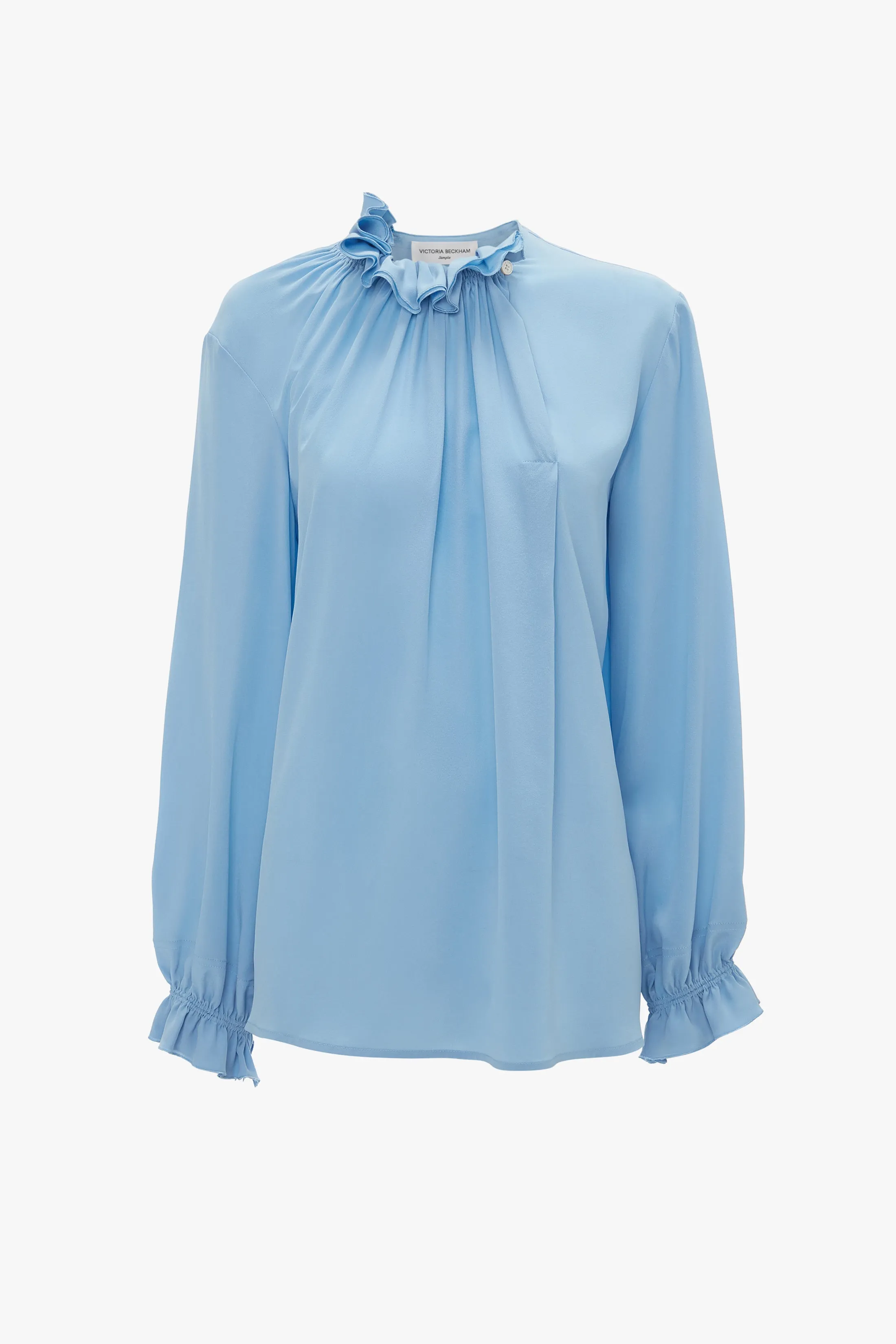 Exclusive Ruffle Neck Blouse In Cornflower Blue