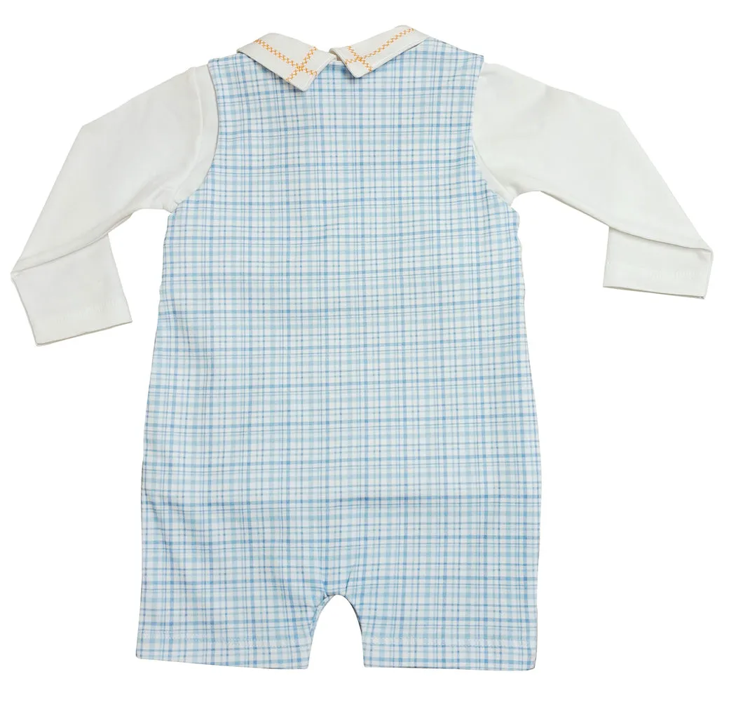 Fall Pumpkin Light Blue Plaid Pima Cotton Boy Shortall set