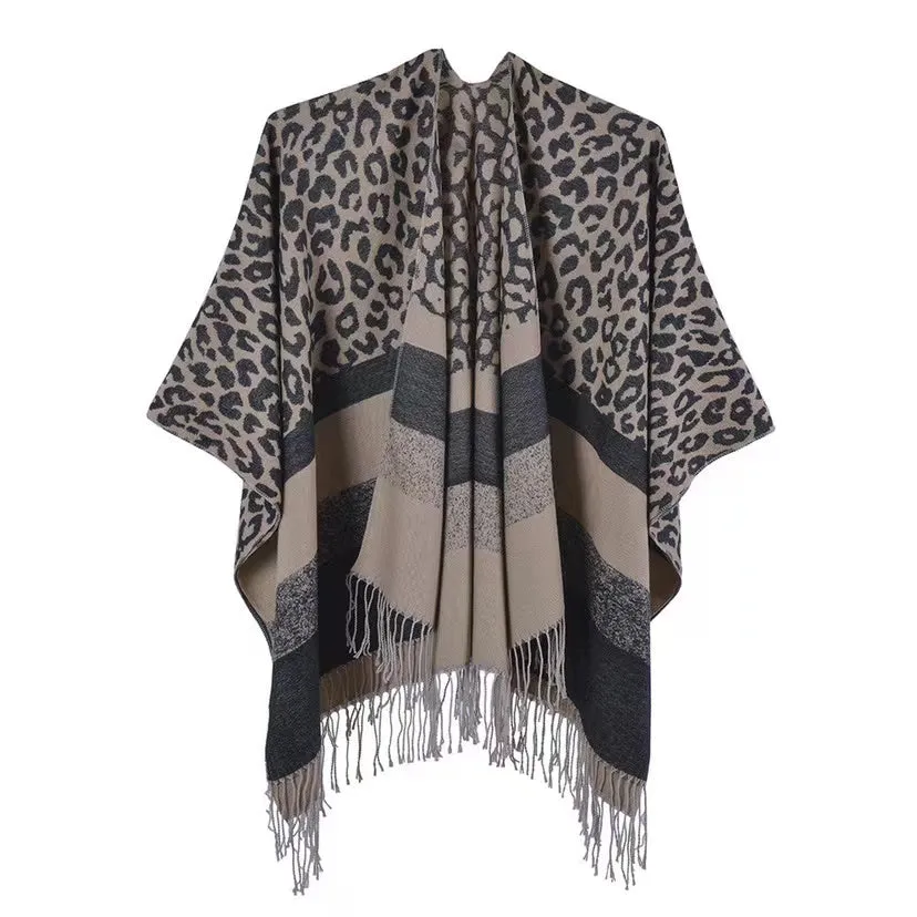 Fashion Leopard Print Poncho Wrap with Tassel