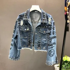 Fashion Street Rhinestone Studded Hand Graffiti Ripped Cropped Denim Jacket