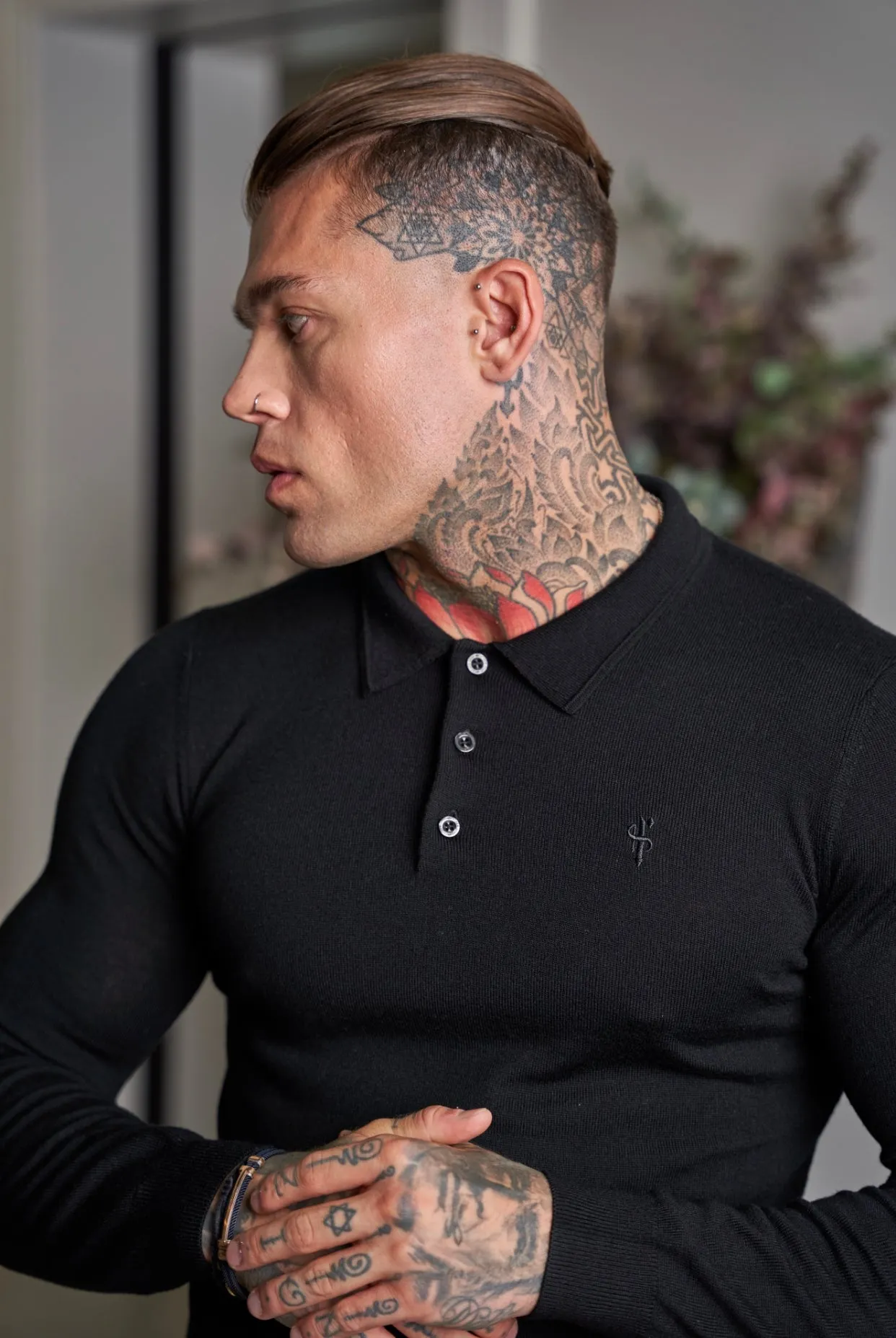 Father Sons Classic Black Merino Wool Knitted Polo Jumper Long Sleeve With FS Embroidery- FSN014