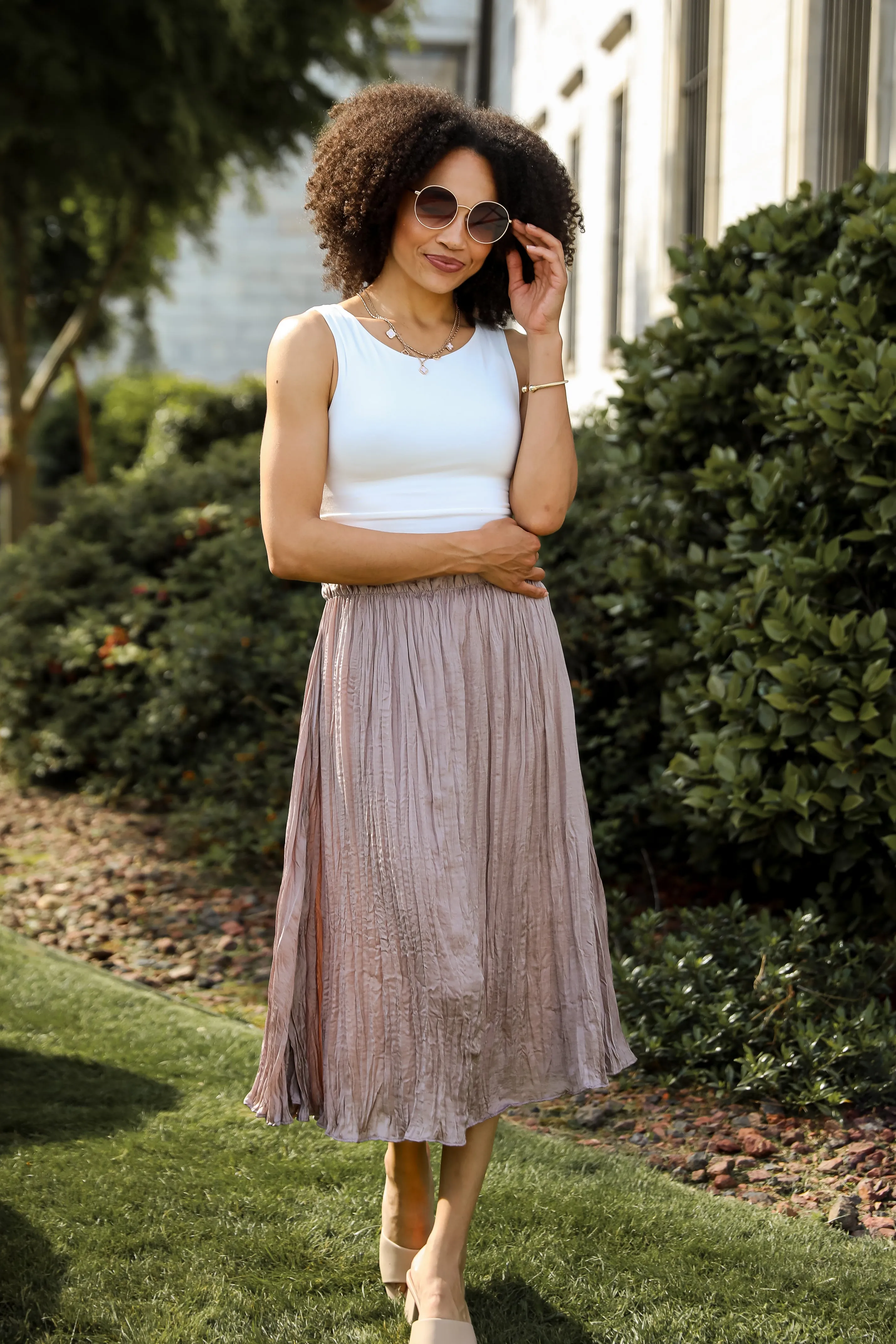 FINAL SALE - Gorgeous Icon Taupe Satin Midi Skirt