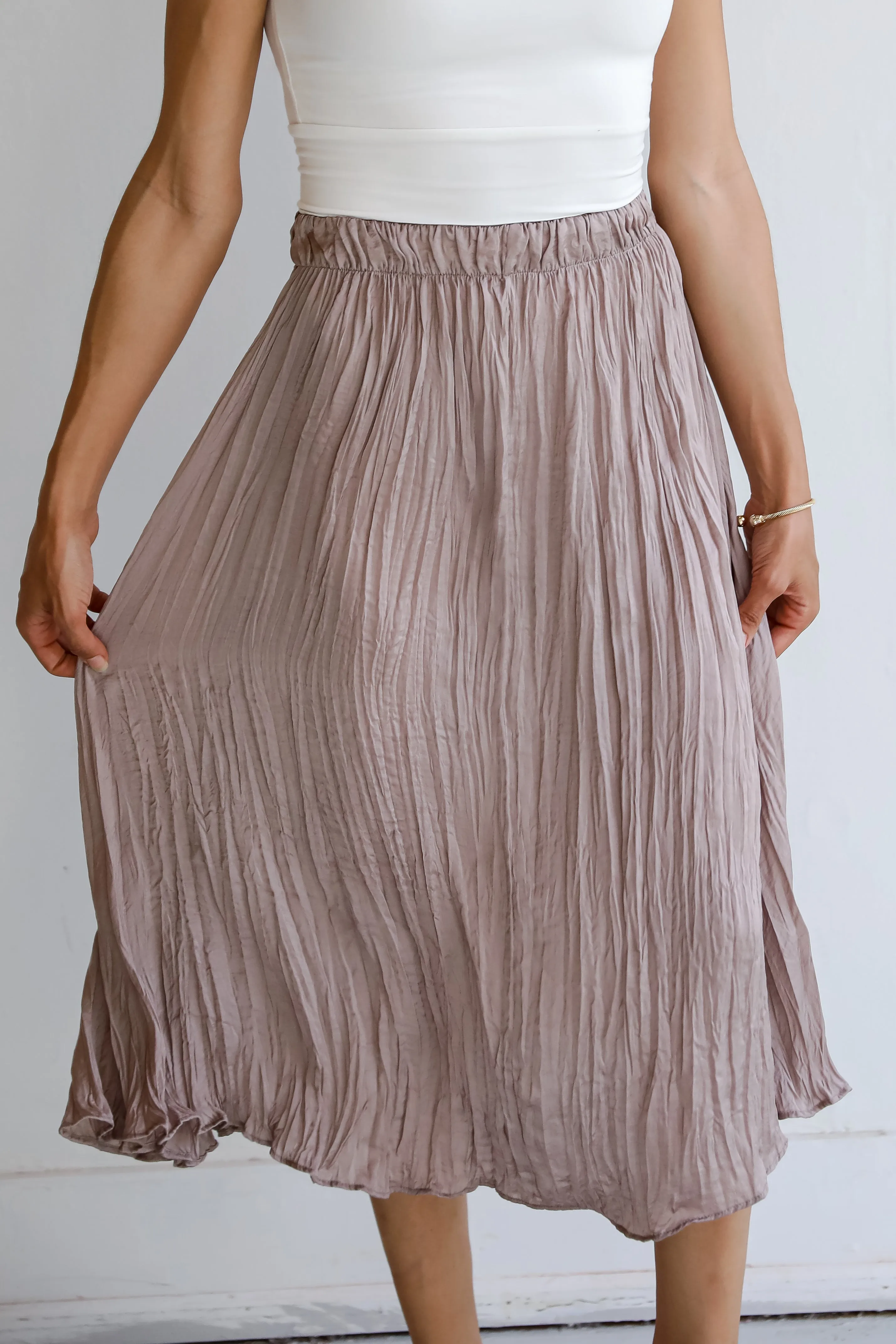 FINAL SALE - Gorgeous Icon Taupe Satin Midi Skirt