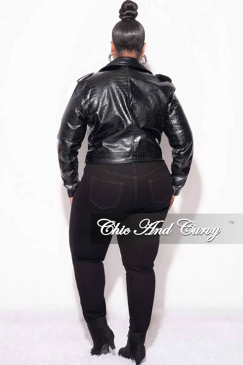 Final Sale Plus Size Heavy Crocodile Cropped & Belted Vegan Leather Jacket in Black