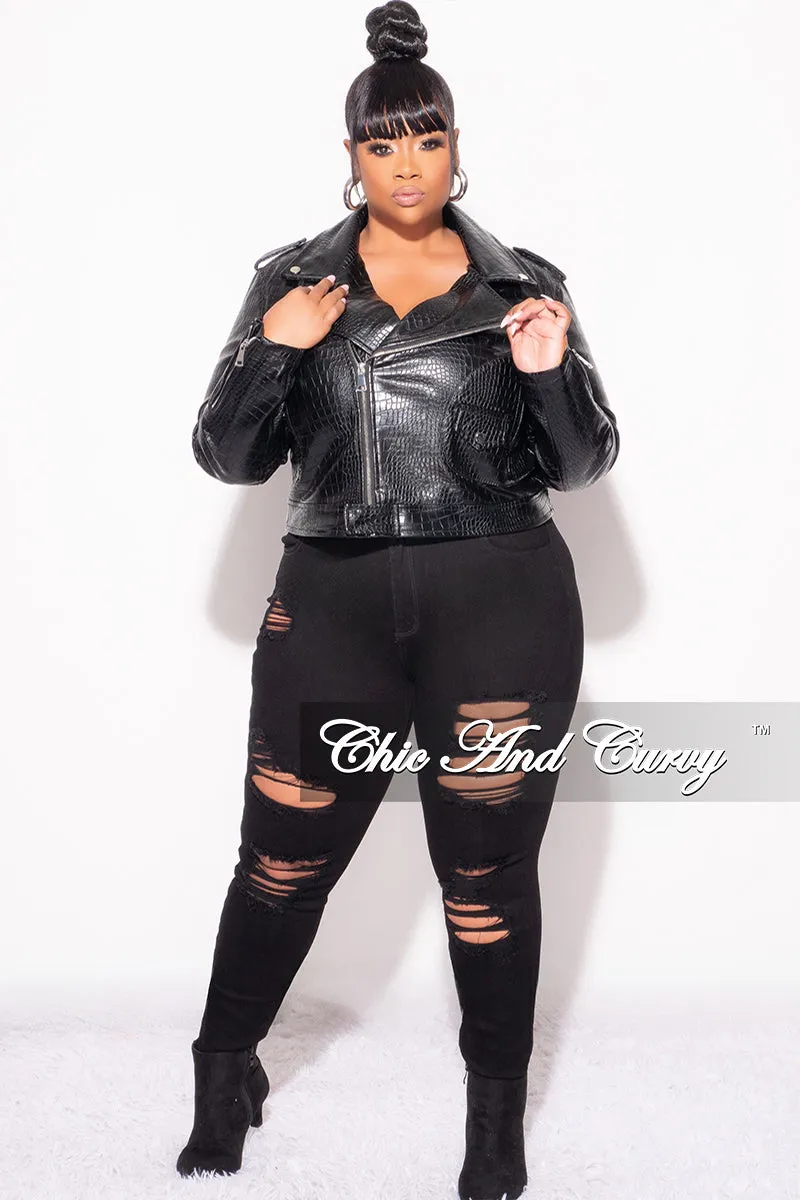 Final Sale Plus Size Heavy Crocodile Cropped & Belted Vegan Leather Jacket in Black