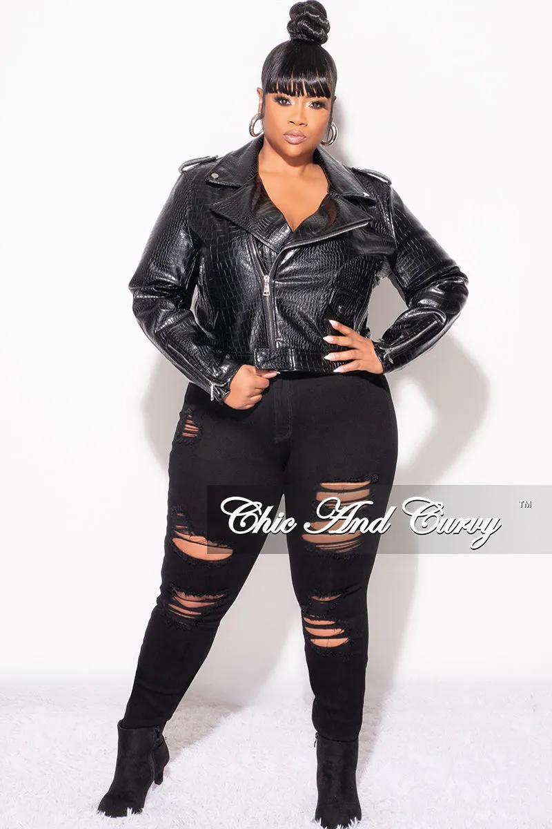 Final Sale Plus Size Heavy Crocodile Cropped & Belted Vegan Leather Jacket in Black