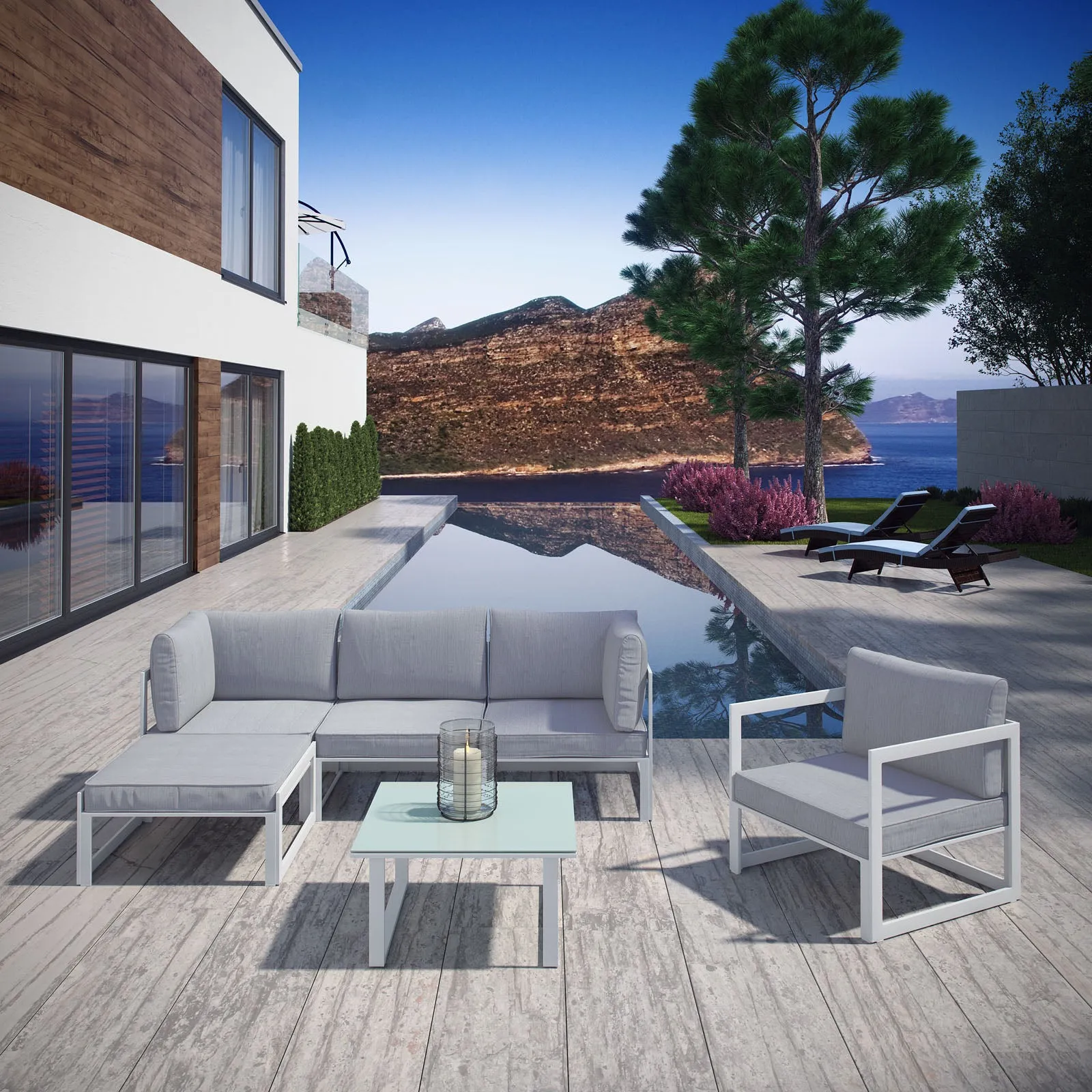 Fortuna 6 Piece Outdoor Patio Sectional Sofa Set White Gray EEI-1731-WHI-GRY-SET