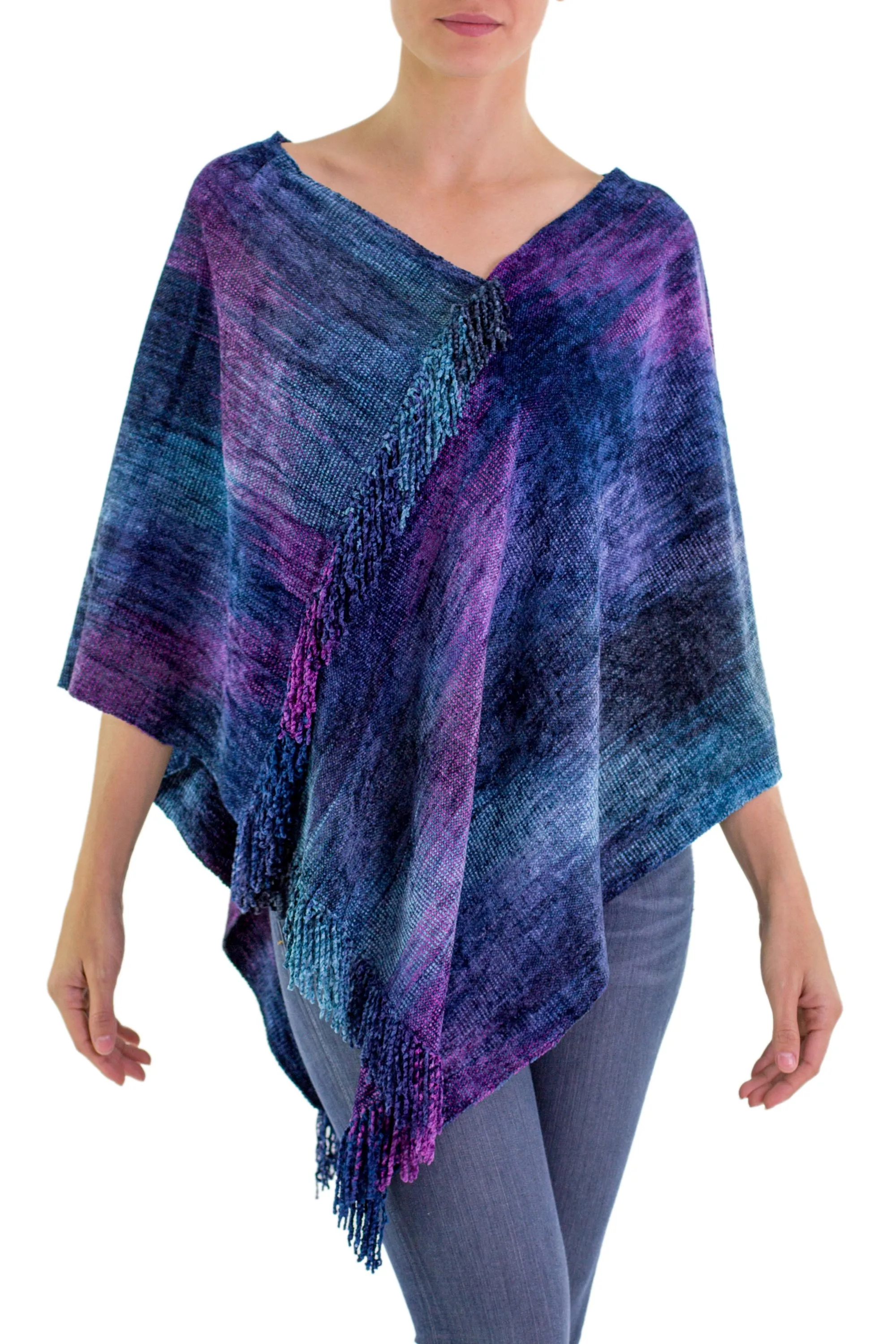 Full Moon Night Hand Woven Cotton Blend Guatemalan Poncho