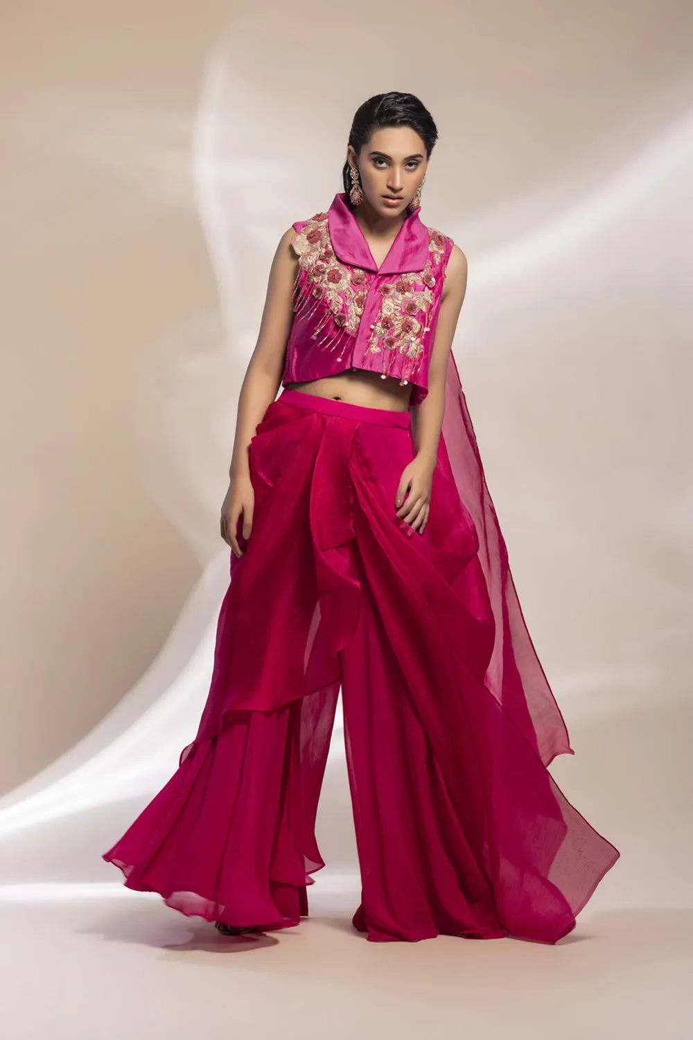 Fuscia Cropped Jacket With Gold Embellishments   Pleated Organza Sharara