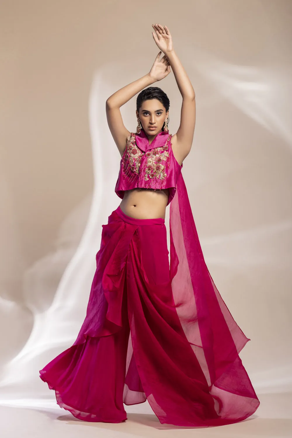 Fuscia Cropped Jacket With Gold Embellishments   Pleated Organza Sharara