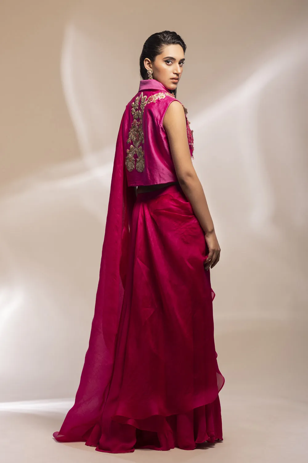 Fuscia Cropped Jacket With Gold Embellishments   Pleated Organza Sharara