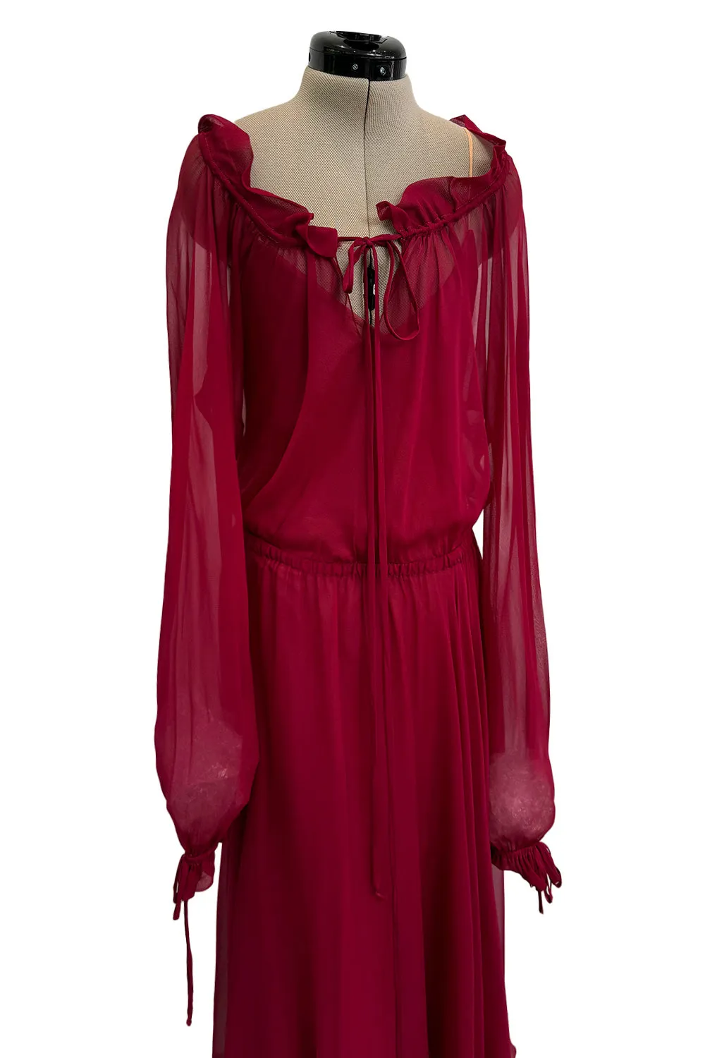 Gorgeous c1974 Halston Silk Chiffon Deep Red Dress w Inner Slip Dress & Full Sleeves