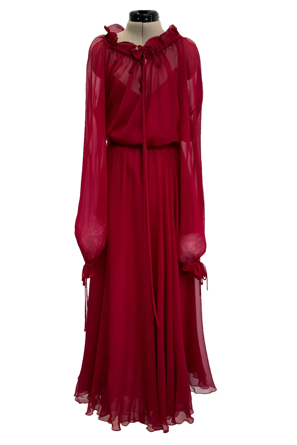 Gorgeous c1974 Halston Silk Chiffon Deep Red Dress w Inner Slip Dress & Full Sleeves