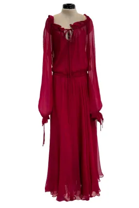 Gorgeous c1974 Halston Silk Chiffon Deep Red Dress w Inner Slip Dress & Full Sleeves