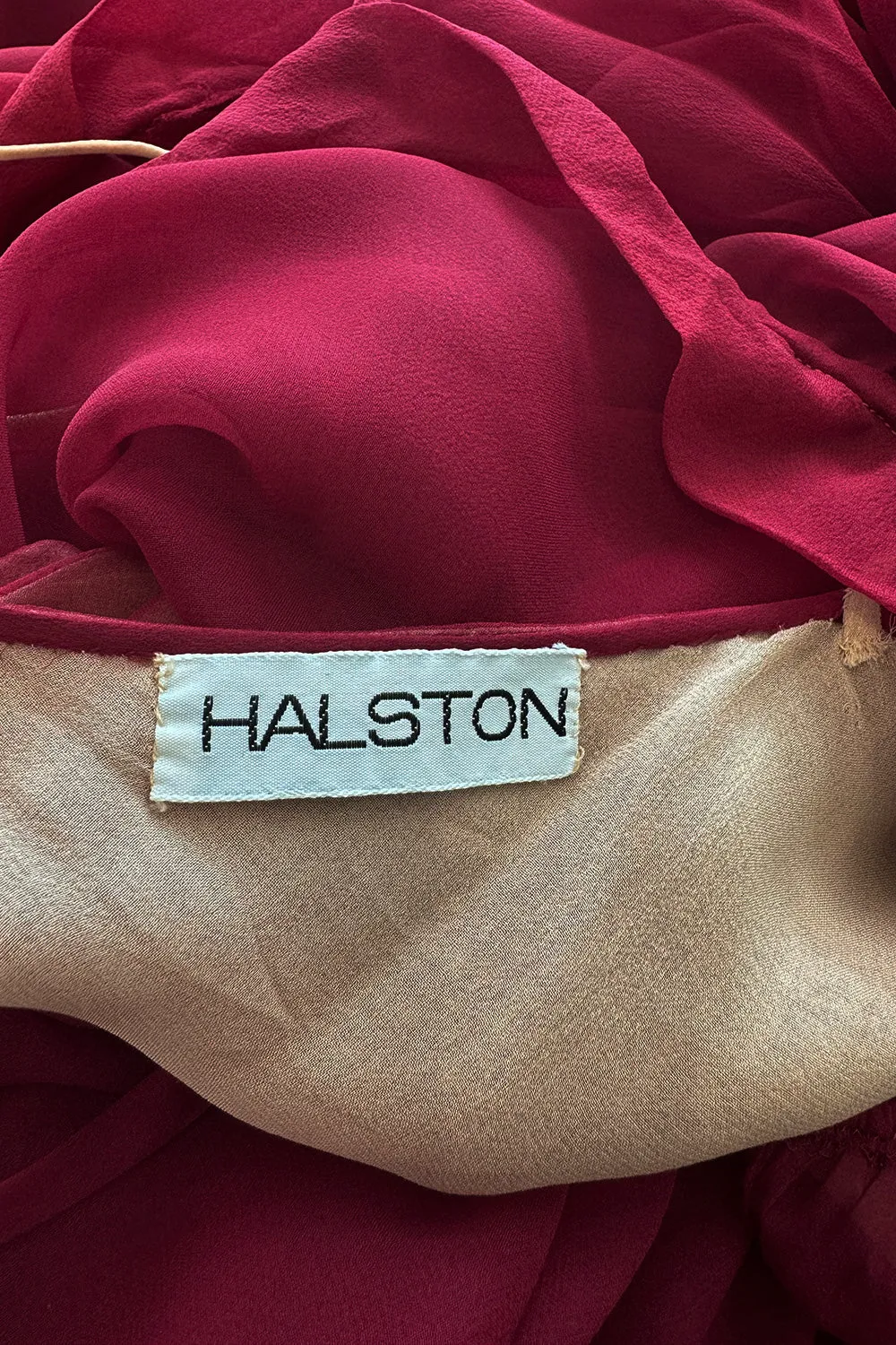 Gorgeous c1974 Halston Silk Chiffon Deep Red Dress w Inner Slip Dress & Full Sleeves