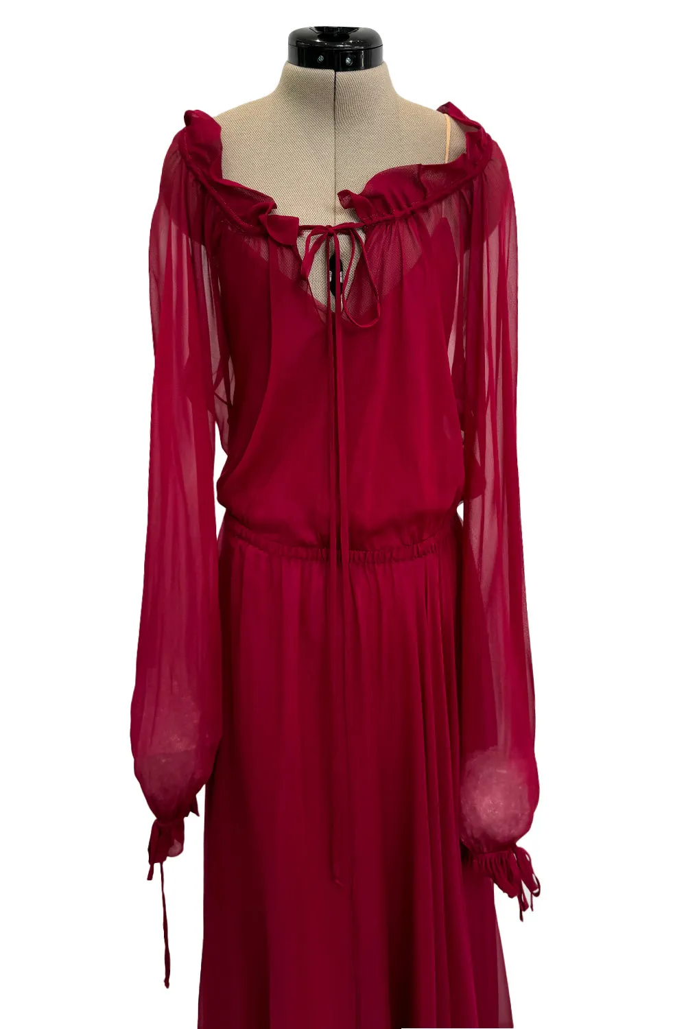 Gorgeous c1974 Halston Silk Chiffon Deep Red Dress w Inner Slip Dress & Full Sleeves