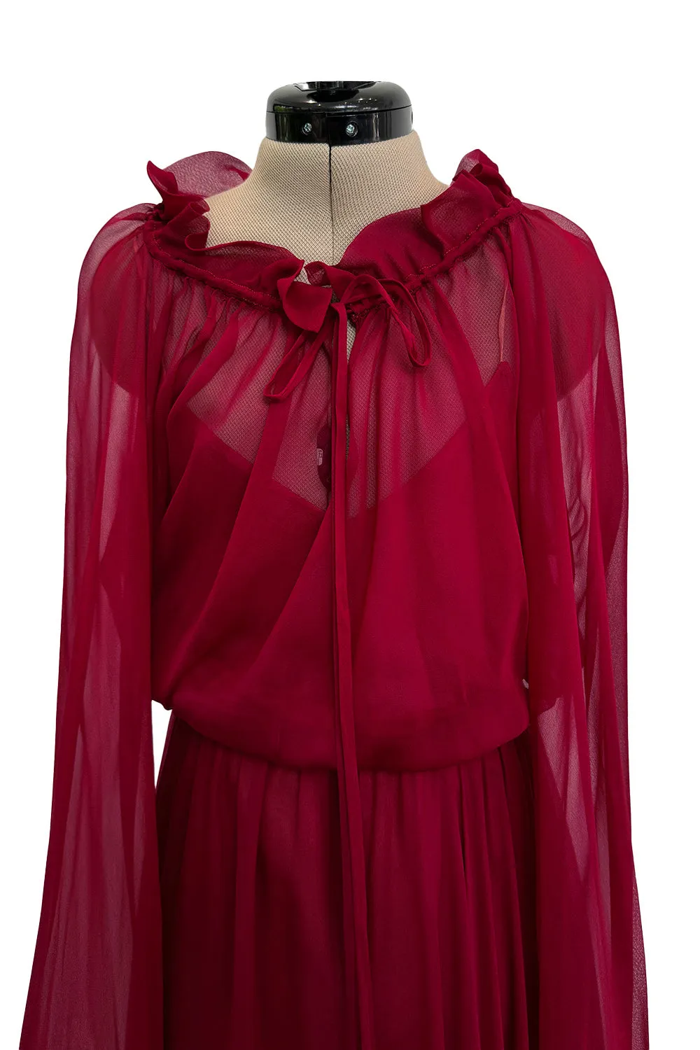 Gorgeous c1974 Halston Silk Chiffon Deep Red Dress w Inner Slip Dress & Full Sleeves