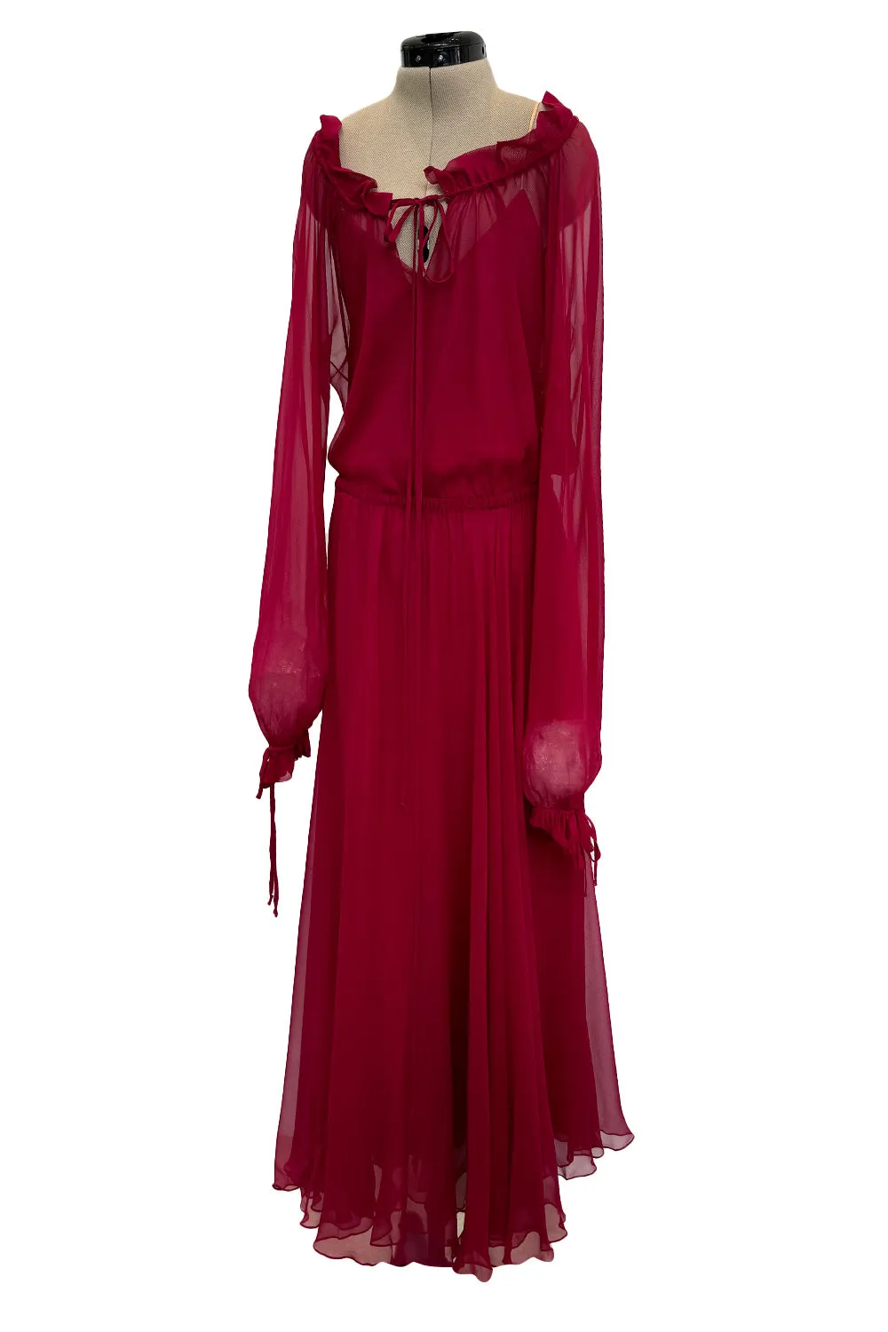 Gorgeous c1974 Halston Silk Chiffon Deep Red Dress w Inner Slip Dress & Full Sleeves