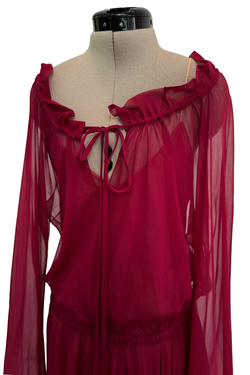 Gorgeous c1974 Halston Silk Chiffon Deep Red Dress w Inner Slip Dress & Full Sleeves