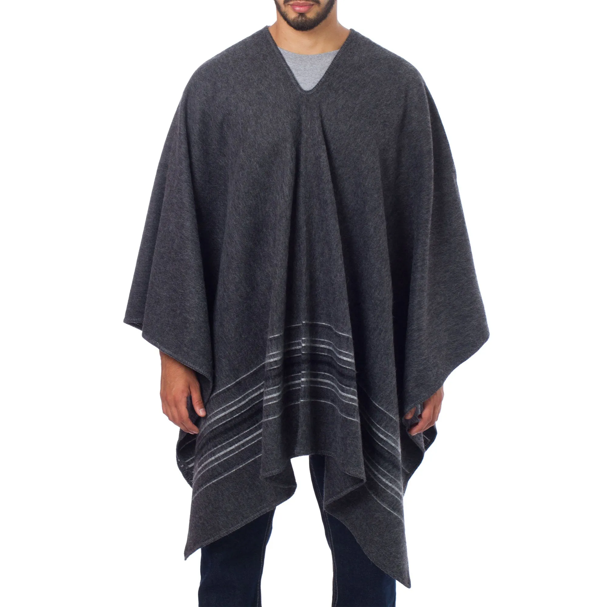 Gray Nazca Striped Men's Alpaca Poncho