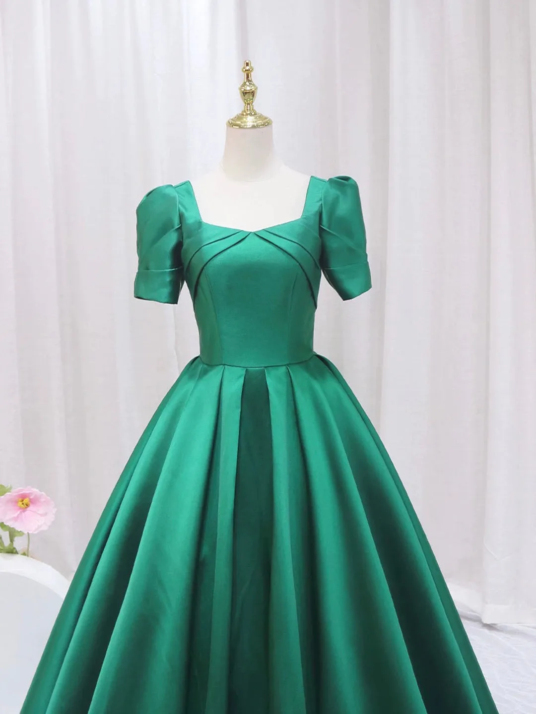 Green Satin Floor Length Prom Dress, Green Short Sleeve Evening Dress