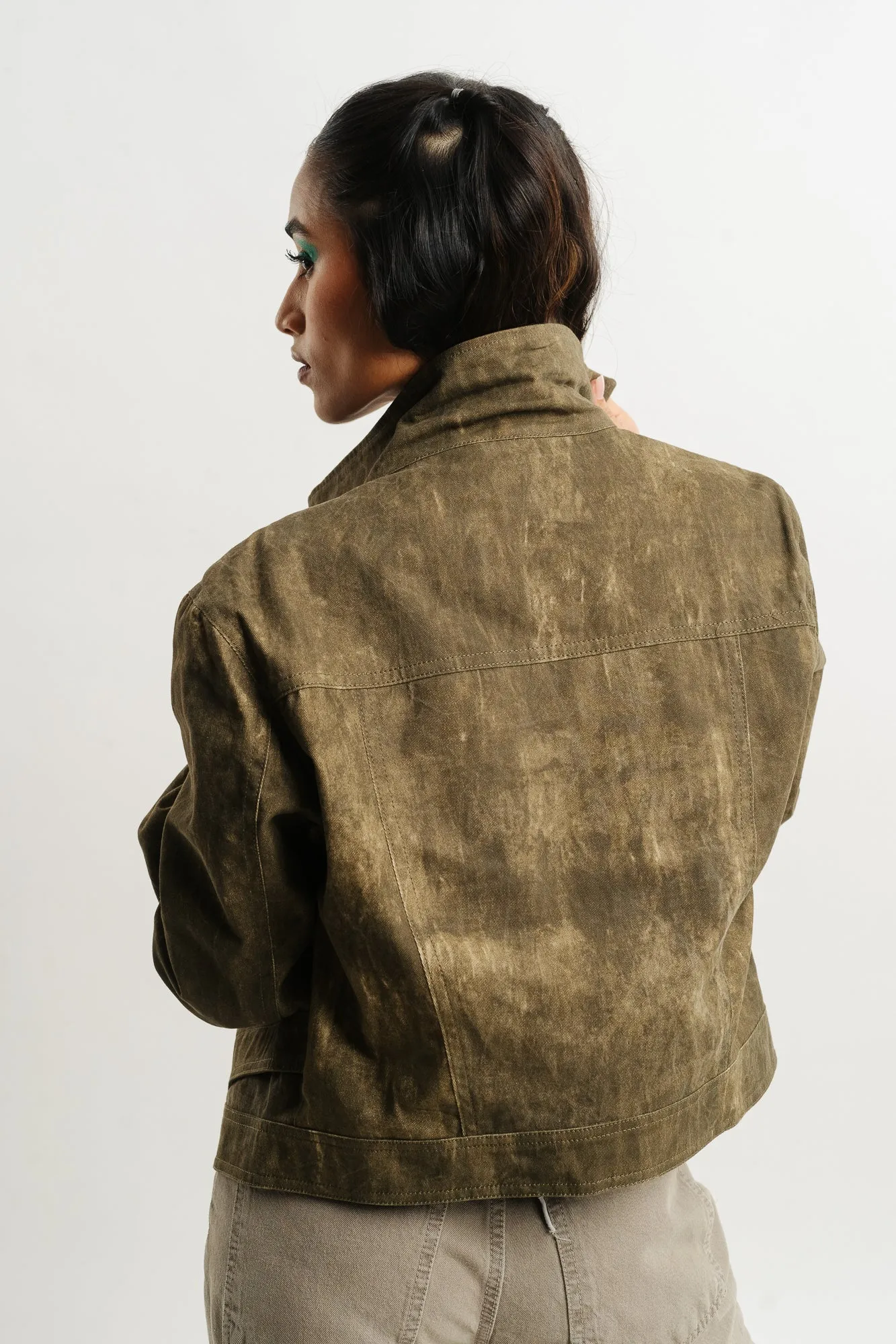 Green Spread Collar Denim Jacket