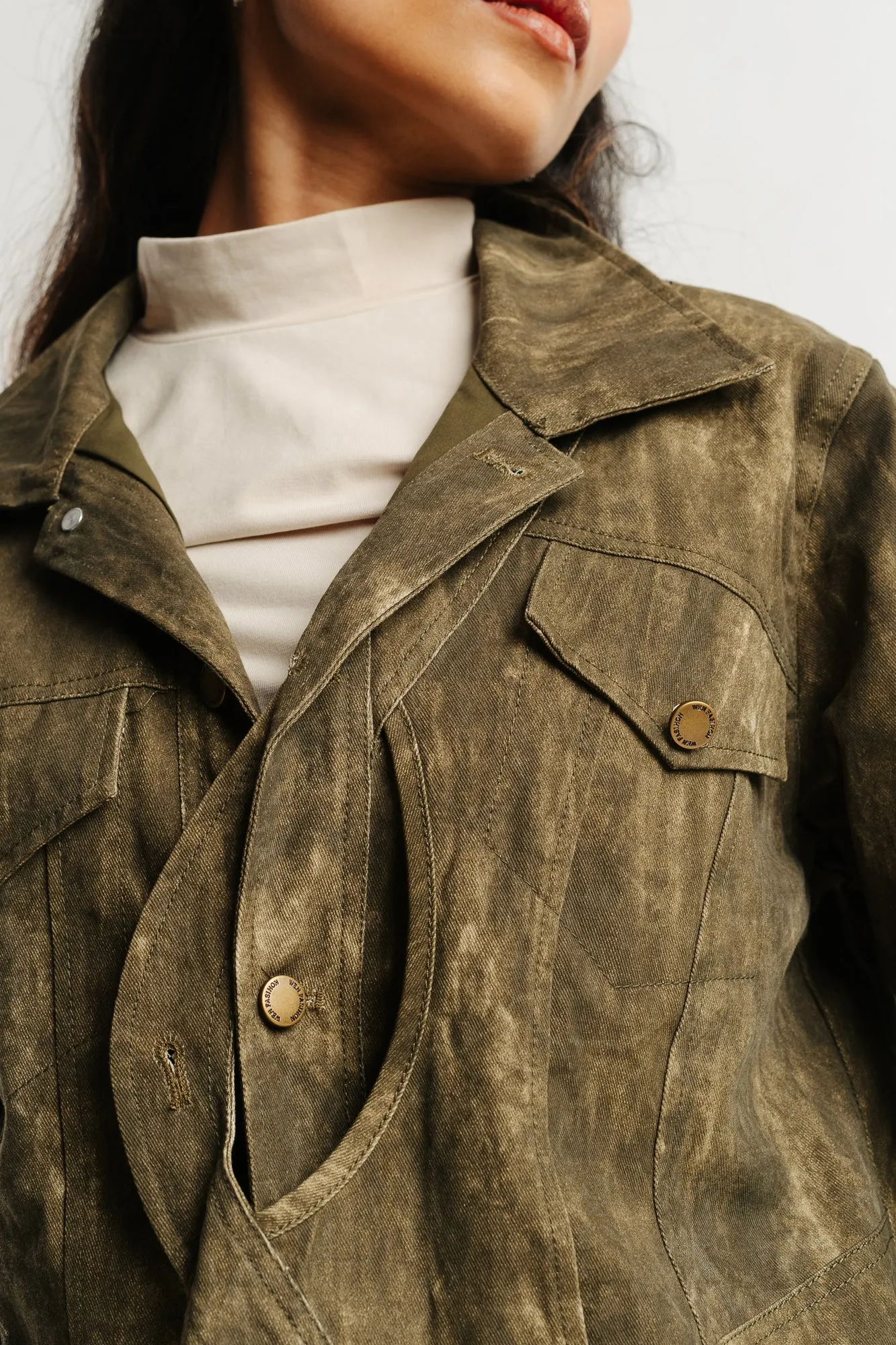 Green Spread Collar Denim Jacket