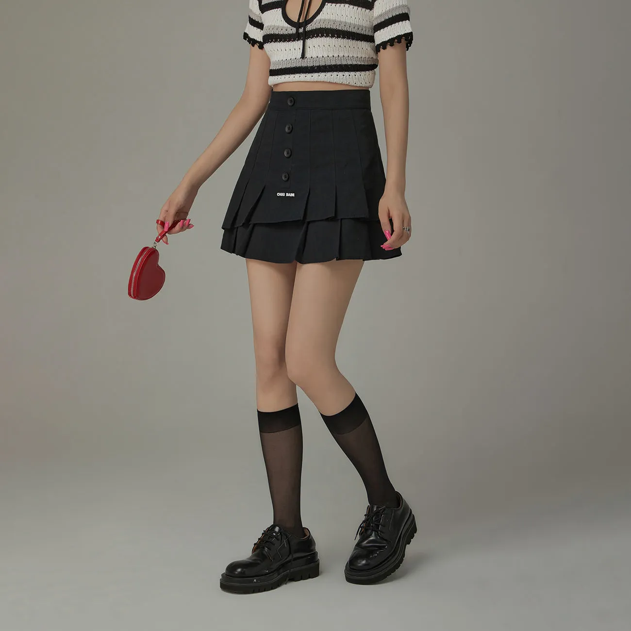 High Waisted Button Pleated Mini Skirt