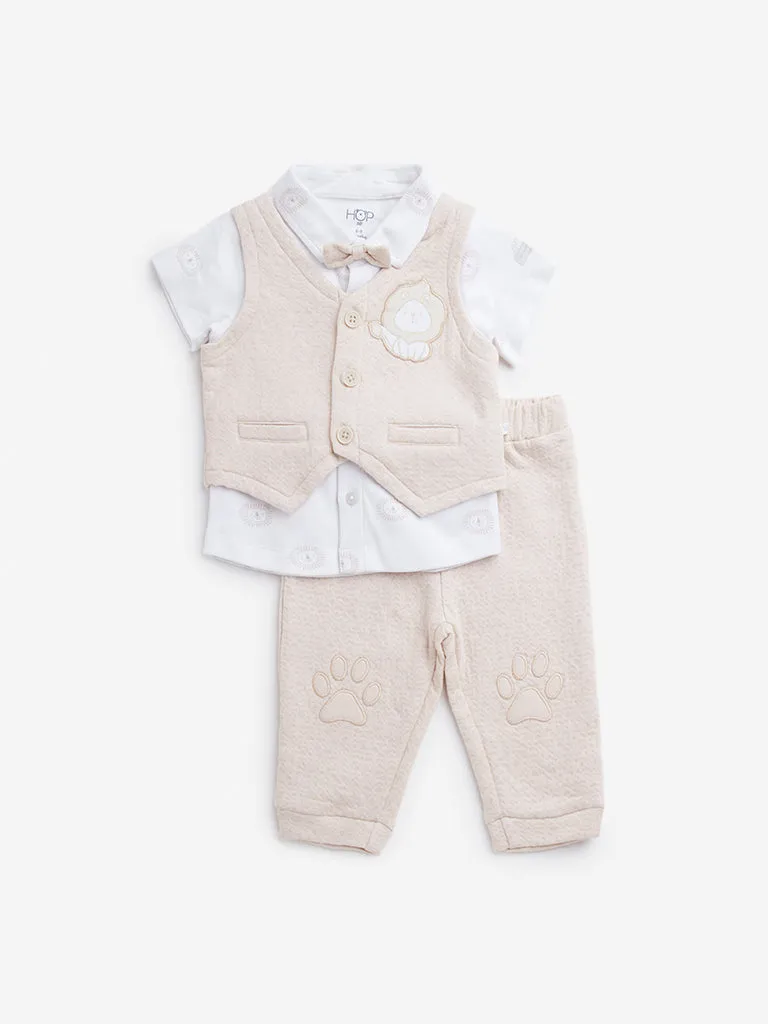 HOP Baby Beige Animal Print Cotton Waistcoat, Shirt, Trousers & Bow Set