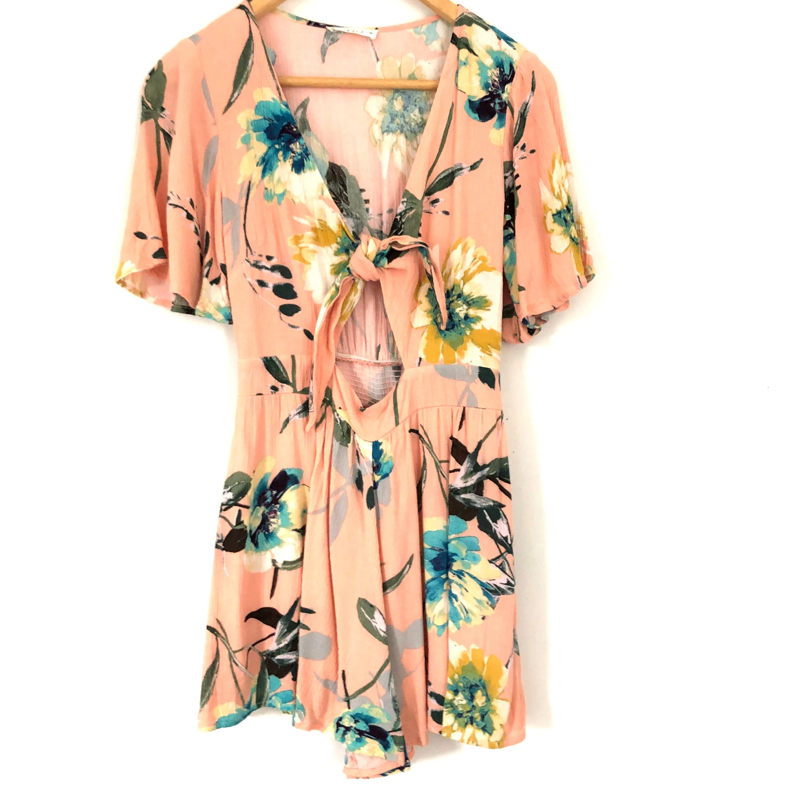 Illa Illa Peach Floral Romper with Tie Front- Size S