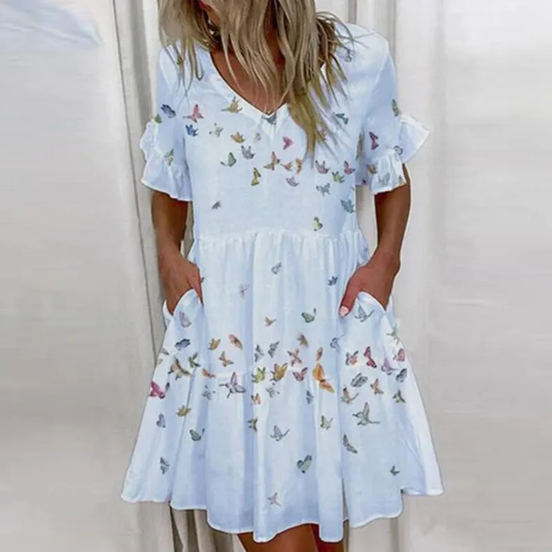 JuliaFashion - 2024 Women Summer Short Sleeve Floral Print Beach Dresses