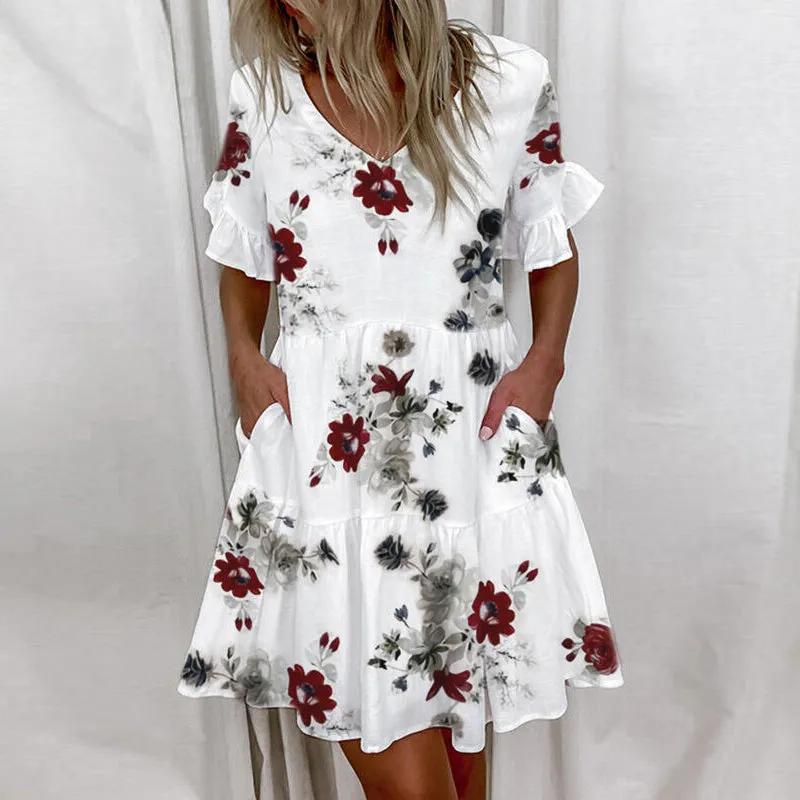 JuliaFashion - 2024 Women Summer Short Sleeve Floral Print Beach Dresses