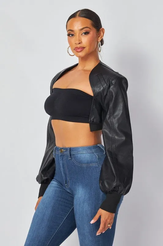 Kai Vegan Cropped Leather Bolero Shrug - Black