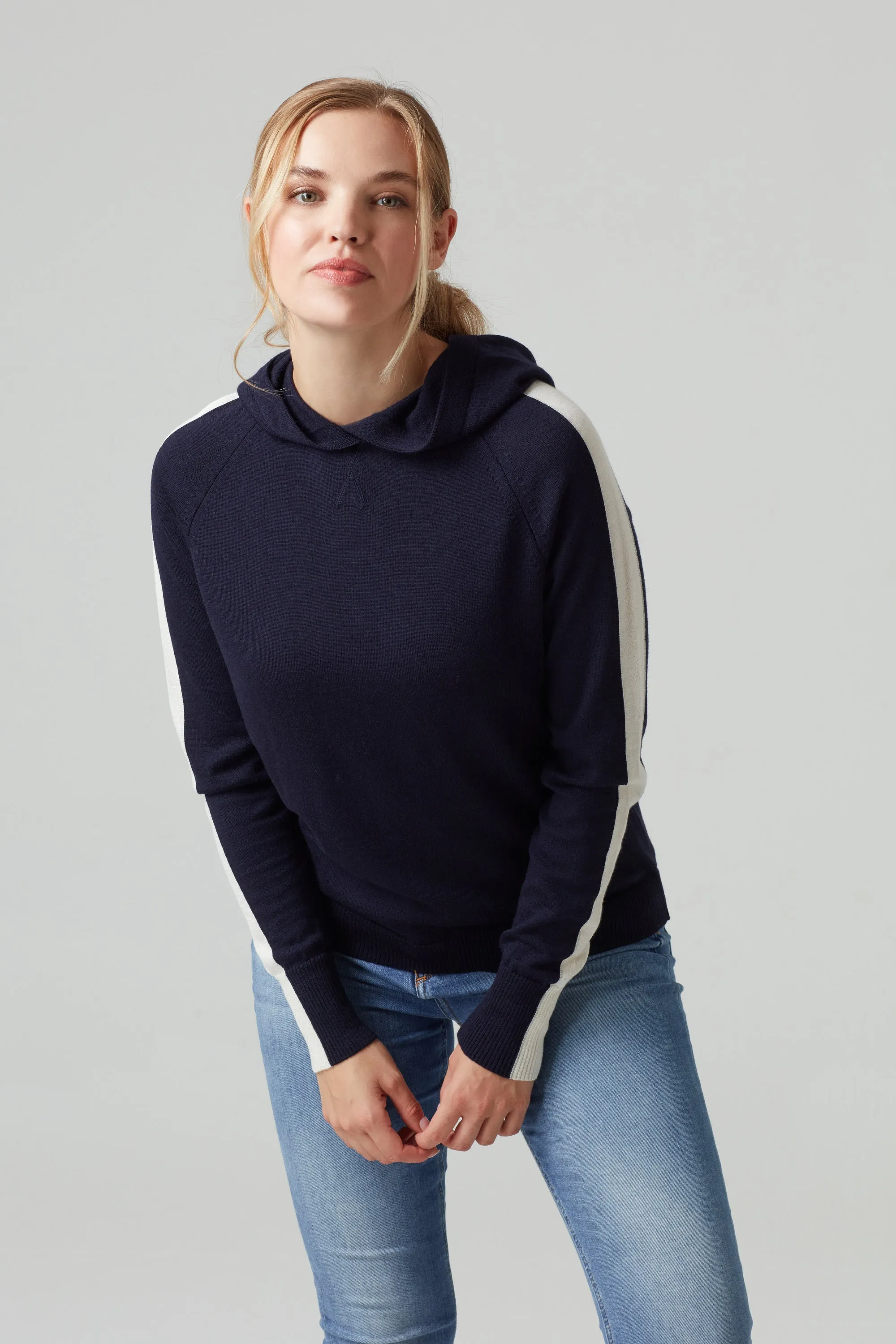 Ladies Striped Hoodie Jumper In Navy & Cream