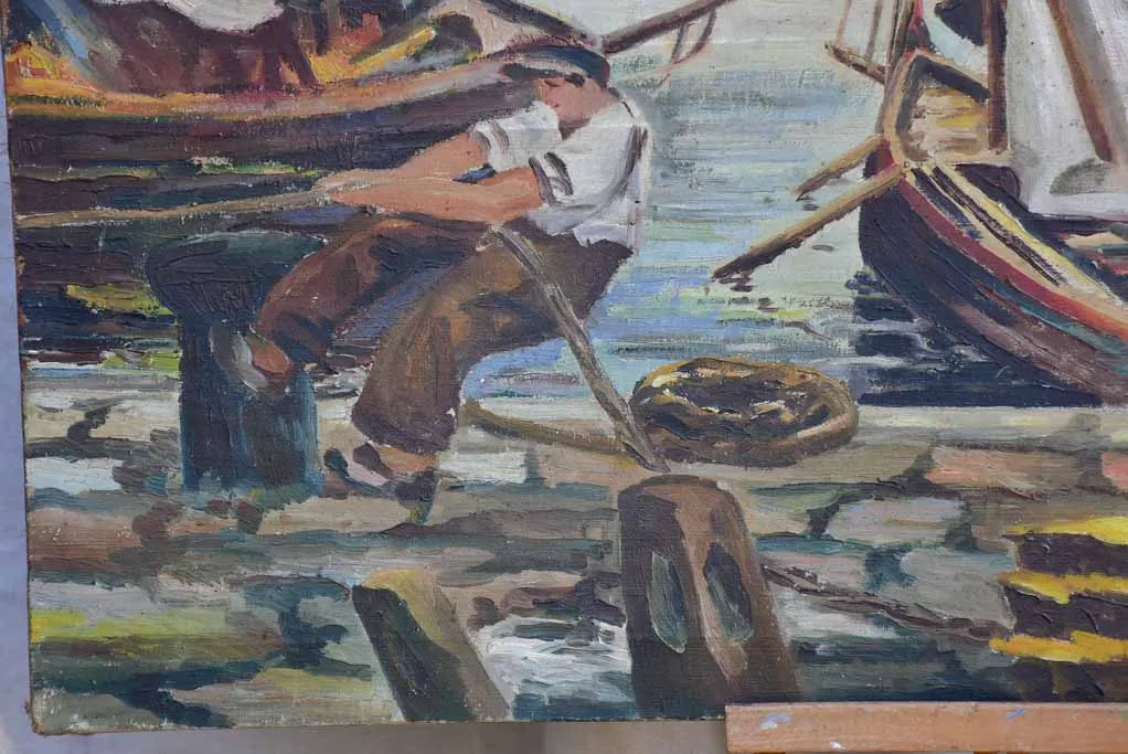 Late 19th Century painting of a fishing harbor 39½" x 25½"