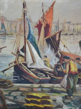 Late 19th Century painting of a fishing harbor 39½" x 25½"